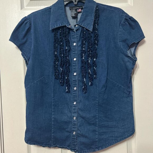 Blue denim blouse with ruffled trim - Picture 1 of 3